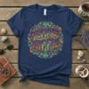 Navy blue t-shirt with "Retired Hippie" text in colorful, groovy font surrounded by peace symbols and floral ornaments