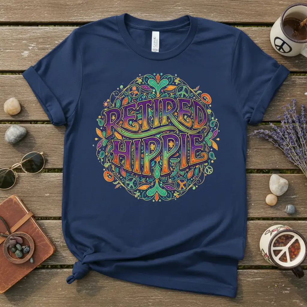 Retired Hippie text in colorful retro font on a navy t-shirt with peace symbols and bohemian floral design
