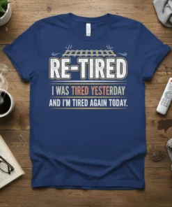 Navy blue t-shirt with "RE-TIRED I WAS TIRED YESTERDAY AND I'M TIRED AGAIN TODAY." text in distressed font, featuring train