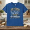Retired Lunch Ladies Make The Best Grandmas quote on a blue t-shirt with vintage typography and a rolling pin graphic