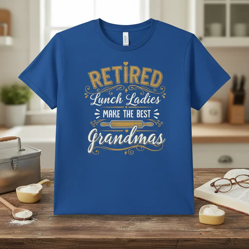 Retired Lunch Ladies Make The Best Grandmas quote featuring vintage typography and a rolling pin graphic on a blue tee
