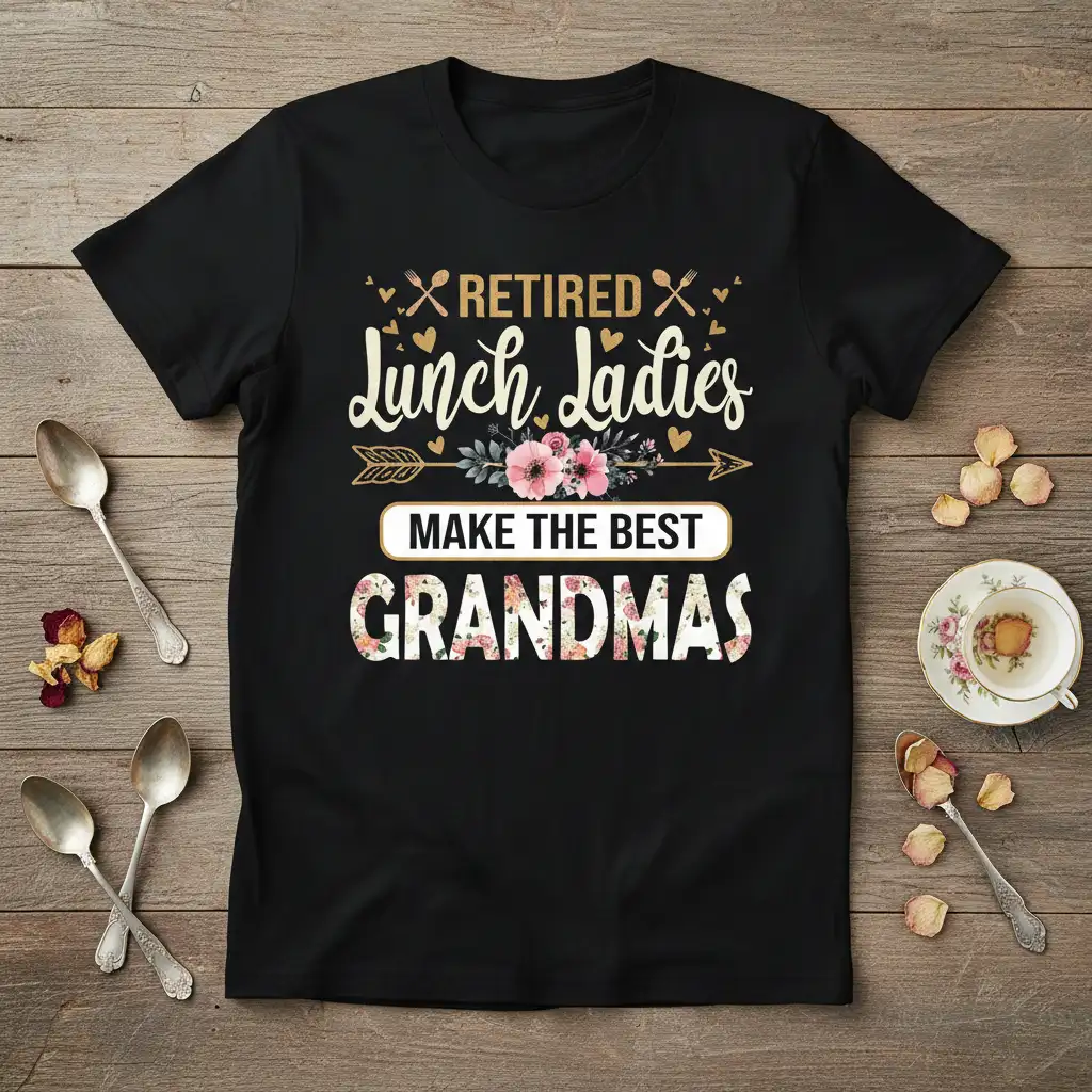 Retired Lunch Ladies Make The Best Grandmas quote with floral accents and cutlery design on a black t-shirt