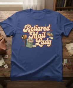 Retired Mail Lady t-shirt with retro font, mailbag, mailbox, and mail truck graphic
