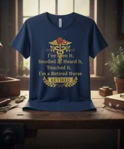 Navy blue t-shirt with gold text: "I've Seen It, Smelled It Heard It, Touched It. I'm a Retired Nurse RETIRED"