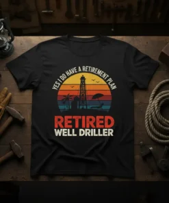 Retired Well Driller T-Shirt with "Yes I Do Have A Retirement Plan" text and a sunset drilling rig graphic