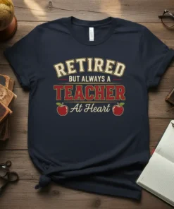 Retired But Always A Teacher At Heart t-shirt design with vintage typography and apple graphics