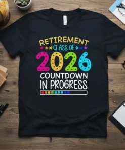 Retirement Class of 2026 Countdown In Progress text design with colorful numbers and a progress bar on a black t-shirt