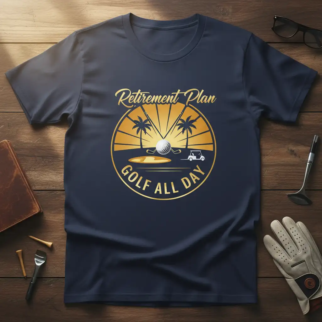 Retirement Plan Golf All Day quote tee with circular golf sunset graphic and palm trees