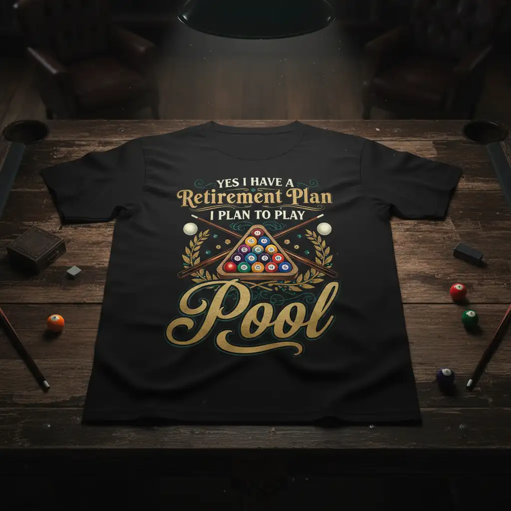 YES I HAVE A Retirement Plan I PLAN TO PLAY Pool text and billiard balls graphic on black t-shirt