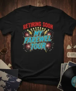 Retiring Soon My Farewell Tour t-shirt with bold red and blue lettering and fireworks graphic