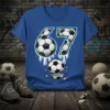 Number 67 design on a blue t-shirt, filled with soccer balls and dripping paint, for soccer players and fans