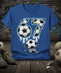 Number 67 design on a blue t-shirt, filled with soccer balls and dripping paint, for soccer players and fans