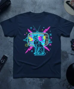 Geometric cat sitting in front of a glitchy retro television screen with neon lightning bolts, Retro Cat TV Glitch design