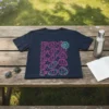 Navy t-shirt with "FOO" text in neon pink and teal circuit board graphics, with a teal flower accent