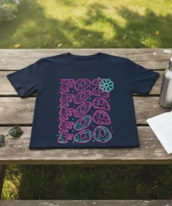 Navy t-shirt with "FOO" text in neon pink and teal circuit board graphics, with a teal flower accent