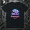 Retro 80s t-shirt design with giraffes silhouetted against a neon circle sunset and the text "This Is The Exact Text