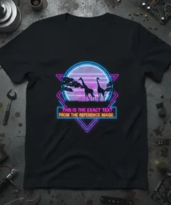 Retro 80s t-shirt design with giraffes silhouetted against a neon circle sunset and the text "This Is The Exact Text