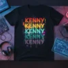 Retro KENNY KENNY KENNY KENNY KENNY text design with vibrant gradient colors on a black t-shirt