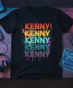Retro KENNY KENNY KENNY KENNY KENNY text design with vibrant gradient colors on a black t-shirt