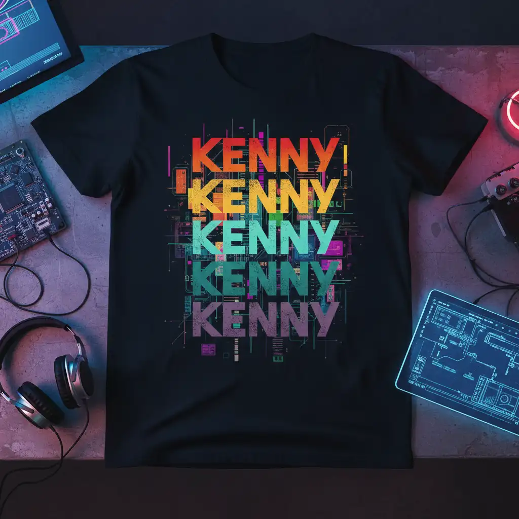 KENNY KENNY KENNY KENNY KENNY repeated name graphic with retro gradient colors and digital circuit background