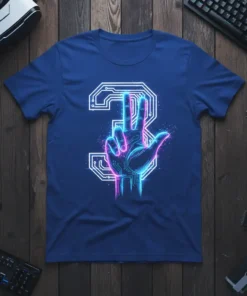 Retro neon number 3 design with a glowing hand, circuit board pattern, and vibrant pink and blue lights on a