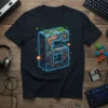 Pixel art number 6 design with neon blue outline and green grass on a dark t-shirt, featuring retro gaming elements