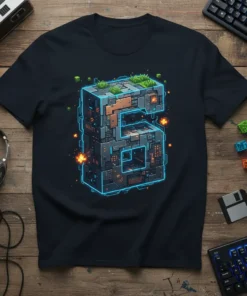 Pixel art number 6 design with neon blue outline and green grass on a dark t-shirt, featuring retro gaming elements