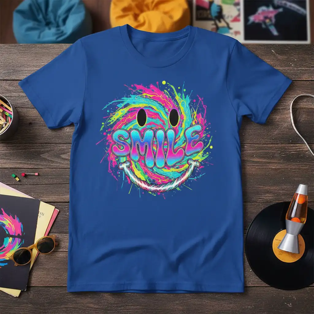 Vibrant psychedelic tie-dye SMILE smiley face graphic with paint splatters on a blue t-shirt