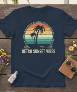Retro Sunset Vibes t-shirt with vintage sunset graphic and palm trees