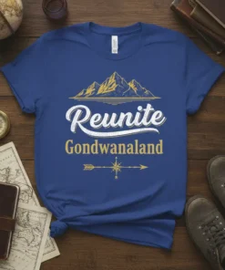 Reunite Gondwanaland t-shirt design with vintage mountains, compass, and retro typography