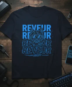 REVEUR REVEUR REVEUR REVEUR text with a stylized wolf wearing sunglasses, presented on a navy t-shirt, digital art style
