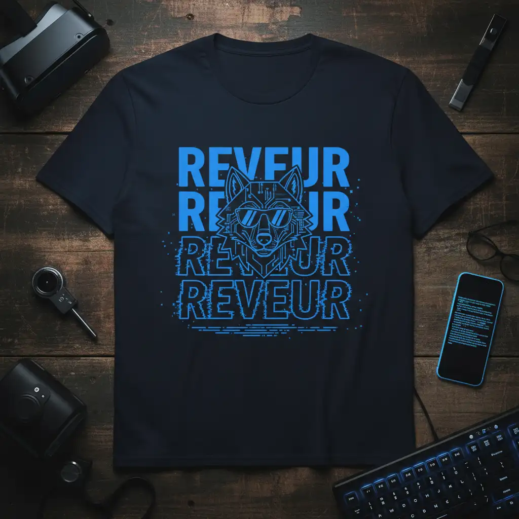 REVEUR REVEUR REVEUR REVEUR text overlaying a geometric wolf with sunglasses, blue digital art style on a navy tee