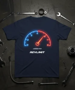 Navy blue t-shirt featuring a neon tachometer design that reads REVLIMIT x1000r/min