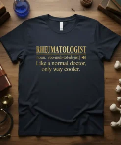 Rheumatologist definition t-shirt with gold text: "RHEUMATOLOGIST noun. [roo-muh-tol-uh-jist] Like a normal doctor, only way cooler."