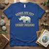Rhinos Are Just Chubby Unicorns quote with a decorated rhino graphic on a blue t-shirt