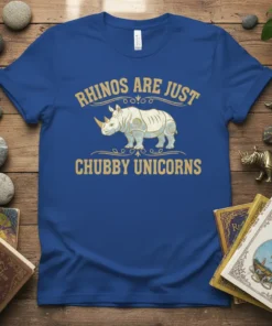 Rhinos Are Just Chubby Unicorns quote with a decorated rhino graphic on a blue t-shirt