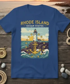 Rhode Island Ocean States t-shirt design with a lighthouse, anchor, and stars graphic. The text reads "Rhode Island - Ocean