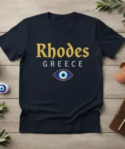 Rhodes Greece Evil Eye detailed graphic design printed on comfortable cotton t-shirt