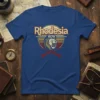 Vintage Rhodesia 1979 t-shirt design featuring a roaring lion and crossed rifles, with retro stripes