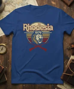Vintage Rhodesia 1979 t-shirt design featuring a roaring lion and crossed rifles, with retro stripes