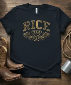 Vintage RICE TEXAS t-shirt design with distressed lettering and western graphics, including a bull skull and crossed rifles