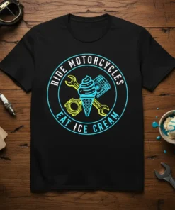 Ride Motorcycles Eat Ice Cream t-shirt design featuring a motorcycle piston, ice cream cone, and wrenches, with blue and yellow