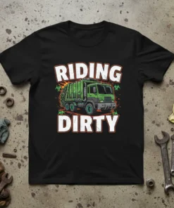 Riding Dirty garbage truck design with bold text and green truck illustration on a black t-shirt