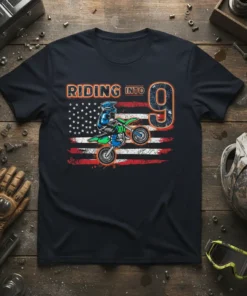 Riding Into 9 motocross birthday t-shirt design with American flag background and dirt bike rider