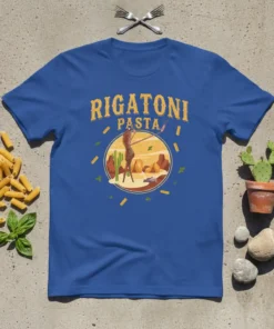 Rigatoni Pasta funny Italian food graphic tee with desert scene and cartoon character