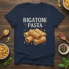 Rigatoni Pasta text with illustration of rigatoni tubes on a navy blue t-shirt