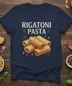 Rigatoni Pasta text with illustration of rigatoni tubes on a navy blue t-shirt