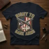 RIGHT TO BARE ARMS t-shirt design with crossed flintlock pistols and American flag shield graphic