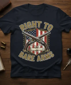 RIGHT TO BARE ARMS t-shirt design with crossed flintlock pistols and American flag shield graphic