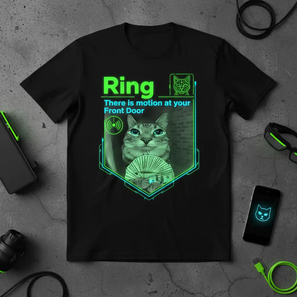 Black t-shirt graphic: Ring There is motion at your Front Door with a cat holding cash and security camera icons